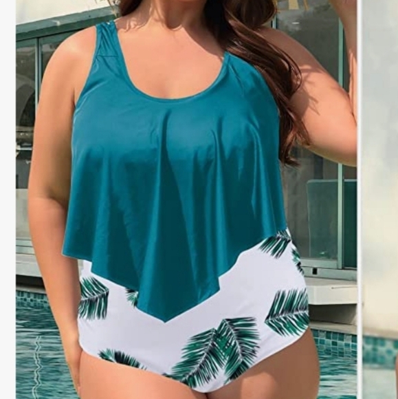 SouqFone Ruffled Flounce Top High Waisted Bikini Set in Blue Green Leaf Size L - Picture 5 of 16